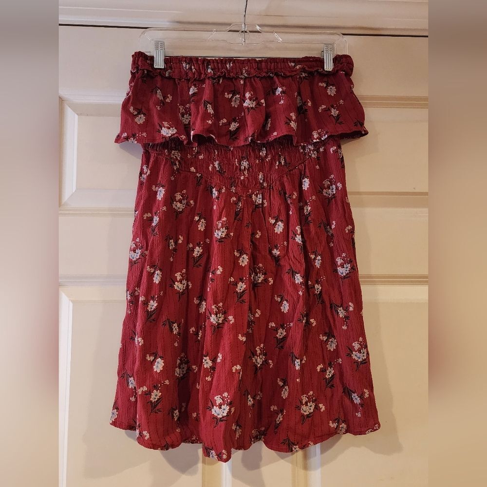 American Eagle red floral stretchy strapless mini dress S